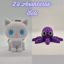 3D Atölye Maker Beyaz Örgü Desenli Kedi ve Mor Örgü Desen Ahtapot Anahtarlık