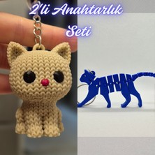 3D Atölye Maker  Krem Örgü Desenli Kedi ve Mavi Esnek Kedi Anahtarlık