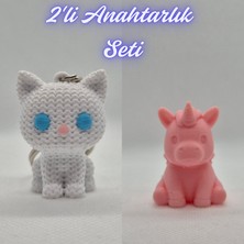 3D Atölye Maker Beyaz Örgü Desenli Kedi ve Açık Pembe Unicorn Anahtarlık