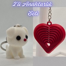 3D Atölye Maker  Beyaz Örgü Desenli Köpek ve Kırmızı Hareketli Kalp Anahtarlık