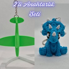 3D Atölye Maker Yeşil Uçak ve Açık Mavi Örgü Desen Triceratops Anahtarlık