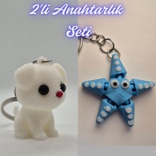 3D Atölye Maker Beyaz Örgü Desenli Köpek ve Açık Mavi Hareketli Deniz Yıldızı Anahtarlık
