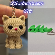 3D Atölye Maker  Krem Örgü Desenli Kedi ve Yeşil Esnek Ejder Anahtarlık