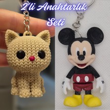 3D Atölye Maker  Krem Örgü Desenli Kedi ve Esnek Mickey Mouse Anahtarlık