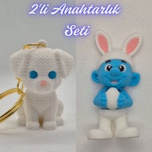 3D Atölye Maker  Beyaz Örgü Desen Köpek-2 ve Şirinler Anahtarlık