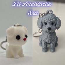 3D Atölye Maker  Beyaz Örgü Desenli Köpek ve Gümüş Poddle Köpek Anahtarlık