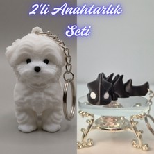3D Atölye Maker  Beyaz Maltase Terrier ve Siyah Esnek Ejder Anahtarlık
