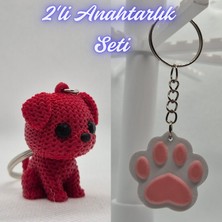3D Atölye Maker  Kırmızı Örgü Desenli Köpek ve Açık Pembe Kedi Patisi Anahtarlık