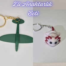 3D Atölye Maker  Koyu Yeşil Uçak ve Açık Pembe Esnek Axolot Anahtarlık
