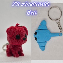 3D Atölye Maker  Kırmızı Örgü Desenli Köpek ve Açık Mavi Esnek Vatoz Anahtarlık