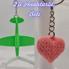 3D Atölye Maker  Yeşil Uçak ve Açık Pembe Örgü Desenli Kalp Anahtarlık