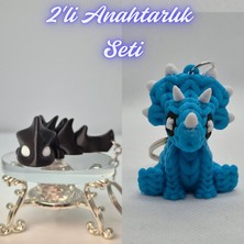 3D Atölye Maker  Siyah Esnek Ejder ve Açık Mavi Örgü Desen Triceratops Anahtarlık