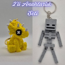 3D Atölye Maker  Sarı Örgü Desen Triceratops ve Gümüş MineCraft Skeleton Anahtarlık