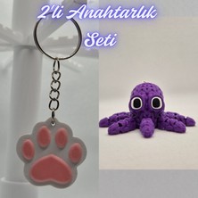 3D Atölye Maker  Açık Pembe Kedi Patisi ve Mor Örgü Desen Ahtapot Anahtarlık