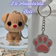 3D Atölye Maker  Krem Örgü Desenli Köpek ve Açık Pembe Kedi Patisi Anahtarlık