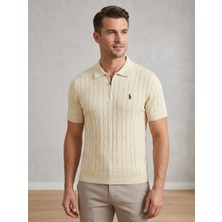 Erkek Krem Fermuarlı Saç Örgü Desenli Triko Polo T-Shirt