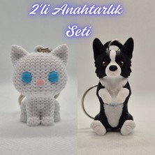 3D Atölye Maker Beyaz Örgü Desenli Kedi ve Siyah Border Esnek Köpek Anahtarlık