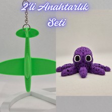3D Atölye Maker  Yeşil Uçak ve Mor Örgü Desen Ahtapot Anahtarlık
