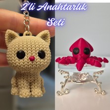 3D Atölye Maker  Krem Örgü Desenli Kedi ve Kırmızı Kalamar Anahtarlık