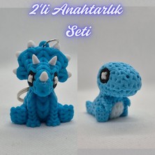 3D Atölye Maker  Açık Mavi Örgü Desen Triceratops ve Açık Mavi Örgü Desen Hareketli Dino Anahtarlık
