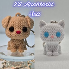 3D Atölye Maker  Krem Örgü Desenli Köpek ve Beyaz Örgü Desenli Kedi Anahtarlık
