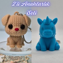 3D Atölye Maker  Krem Örgü Desenli Köpek ve Mavi Unicorn Anahtarlık