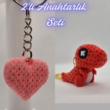 3D Atölye Maker Açık Pembe Örgü Desenli Kalp ve Kırmızı Örgü Desen Hareketli Dino Anahtarlık