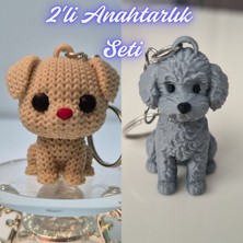 3D Atölye Maker  Krem Örgü Desenli Köpek ve Gümüş Poddle Köpek Anahtarlık