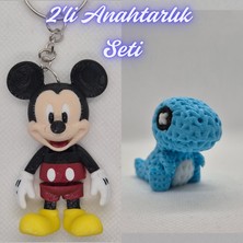3D Atölye Maker  Esnek Mickey Mouse ve Açık Mavi Örgü Desen Hareketli Dino Anahtarlık