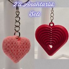 3D Atölye Maker Açık Pembe Örgü Desenli Kalp ve Itfaiye Kırmızısı Hareketli Kalp Anahtarlık