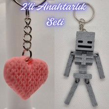 3D Atölye Maker  Açık Pembe Örgü Desenli Kalp ve Gümüş MineCraft Skeleton Anahtarlık