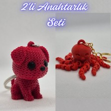 3D Atölye Maker Itfaiye Kırmızısı Örgü Desenli Köpek ve Pembe Ahtapot  Anahtarlık
