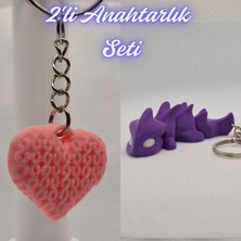 3D Atölye Maker  Açık Pembe Örgü Desenli Kalp ve Mor Esnek Ejder Anahtarlık