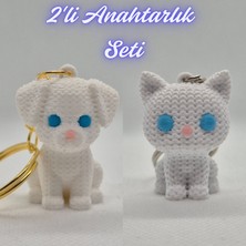 3D Atölye Maker  Beyaz Örgü Desen Köpek-2 ve Beyaz Örgü Desenli Kedi Anahtarlık
