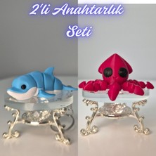 3D Atölye Maker  Açık Mavi Esnek Renkli Yunus ve Kırmızı Kalamar Anahtarlık