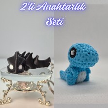 3D Atölye Maker  Siyah Esnek Ejder ve Açık Mavi Örgü Desen Hareketli Dino Anahtarlık
