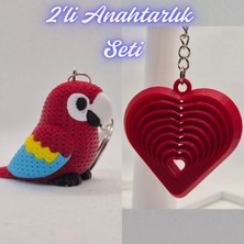 3D Atölye Maker Itfaiye Kırmızısı Örgü Desen Papağan ve Itfaiye Kırmızısı Hareketli Kalp Anahtarlık