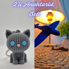 3D Atölye Maker  Gümüş Örgü Desenli Kedi ve Mavi Uçak Anahtarlık