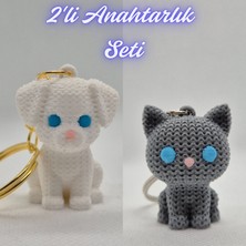3D Atölye Maker  Beyaz Örgü Desen Köpek-2 ve Gümüş Örgü Desenli Kedi Anahtarlık