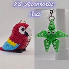 3D Atölye Maker  Kırmızı Örgü Desen Papağan ve Yeşil Hareketli Deniz Yıldızı Anahtarlık