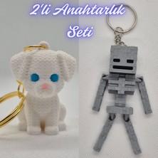 3D Atölye Maker  Beyaz Örgü Desen Köpek-2 ve Gümüş MineCraft Skeleton Anahtarlık