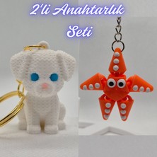 3D Atölye Maker  Beyaz Örgü Desen Köpek-2 ve Turuncu Hareketli Deniz Yıldızı Anahtarlık
