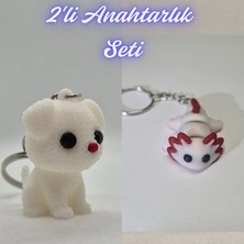 3D Atölye Maker  Beyaz Örgü Desenli Köpek ve Açık Pembe Esnek Axolot Anahtarlık