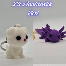 3D Atölye Maker  Beyaz Örgü Desenli Köpek ve Mor Esnek Büyük Axolot Anahtarlık
