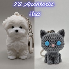 3D Atölye Maker  Beyaz Maltase Terrier ve Gümüş Örgü Desenli Kedi Anahtarlık