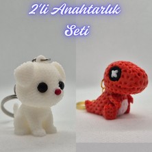 3D Atölye Maker Beyaz Örgü Desenli Köpek ve Kırmızı Örgü Desen Hareketli Dino Anahtarlık