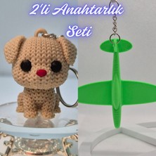 3D Atölye Maker  Krem Örgü Desenli Köpek ve Yeşil Uçak Anahtarlık