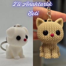3D Atölye Maker  Beyaz Örgü Desenli Köpek ve Krem Örgü Desenli Kedi Anahtarlık