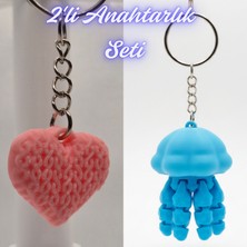 3D Atölye Maker  Açık Pembe Örgü Desenli Kalp ve Açık Mavi Hareketli Deniz Anası Anahtarlık