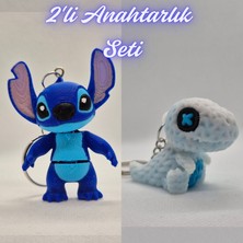3D Atölye Maker  Mavi Esnek Stitch ve Beyaz Örgü Desen Hareketli Dino Anahtarlık